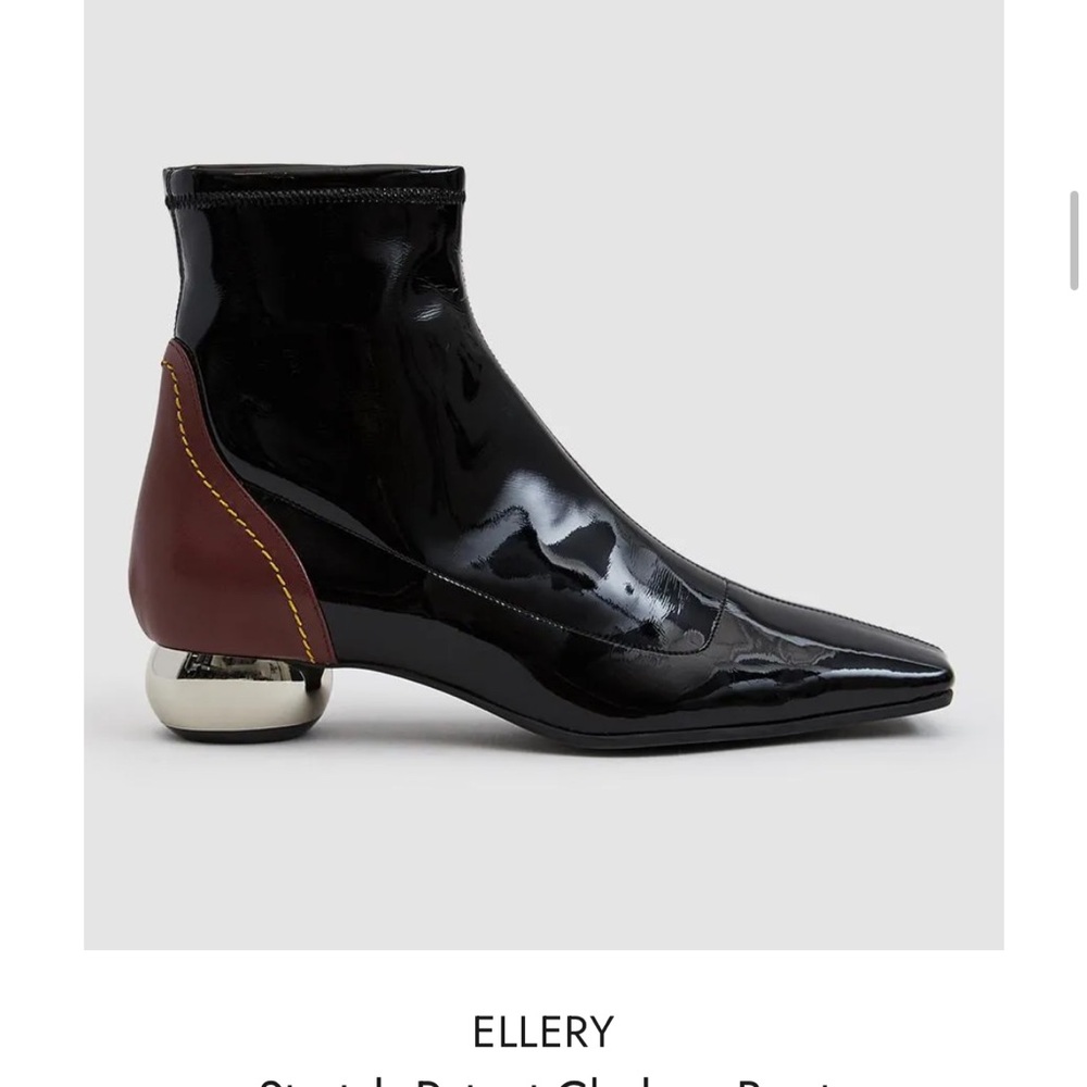 Ellery patent leather Black and Brown Heeled sock Boots with Metallic heel 7 1/2